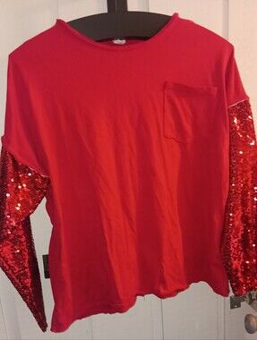 Red Sequin Sleeve Pocket Top